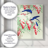 Japanese Blue Birds and Red Berries Woodblock Style Canvas Wall Art Print Decor Picture Ready to Hang
