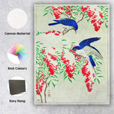 Japanese Blue Birds and Red Berries Woodblock Style Canvas Wall Art Print Decor Picture Ready to Hang