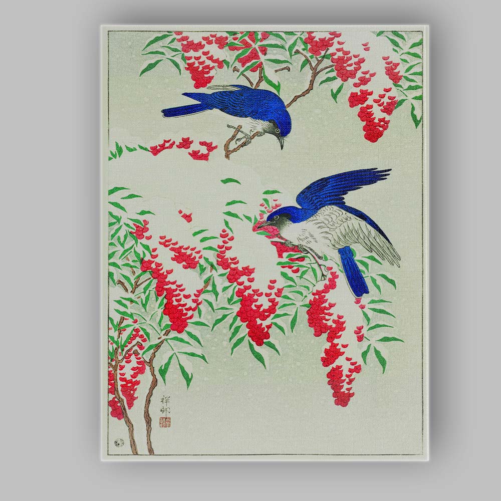 Japanese Blue Birds and Red Berries Woodblock Style Canvas Wall Art Print Decor Picture Ready to Hang