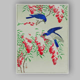 Japanese Blue Birds and Red Berries Woodblock Style Canvas Wall Art Print Decor Picture Ready to Hang