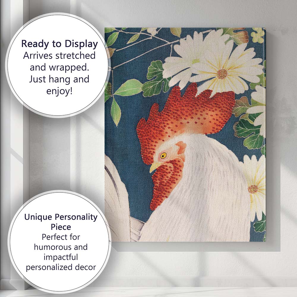 Japanese Rooster and White Daisy Textile Style Artwork Canvas Wall Art Print Decor Picture Ready to Hang