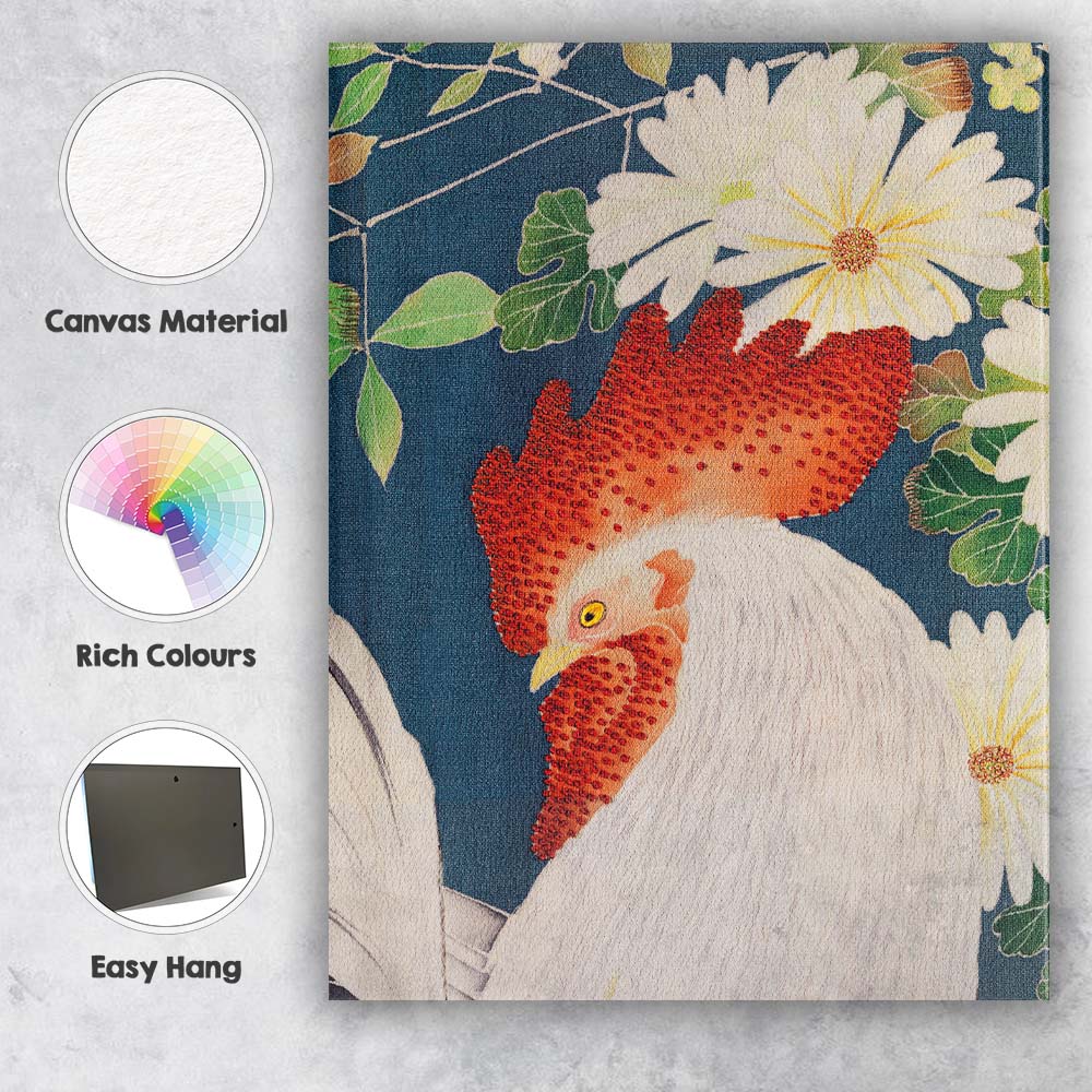 Japanese Rooster and White Daisy Textile Style Artwork Canvas Wall Art Print Decor Picture Ready to Hang