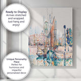 Colourful Watercolour Harbour Boats and Coastal Town Sketch Canvas Wall Art Print Decor Picture Ready to Hang