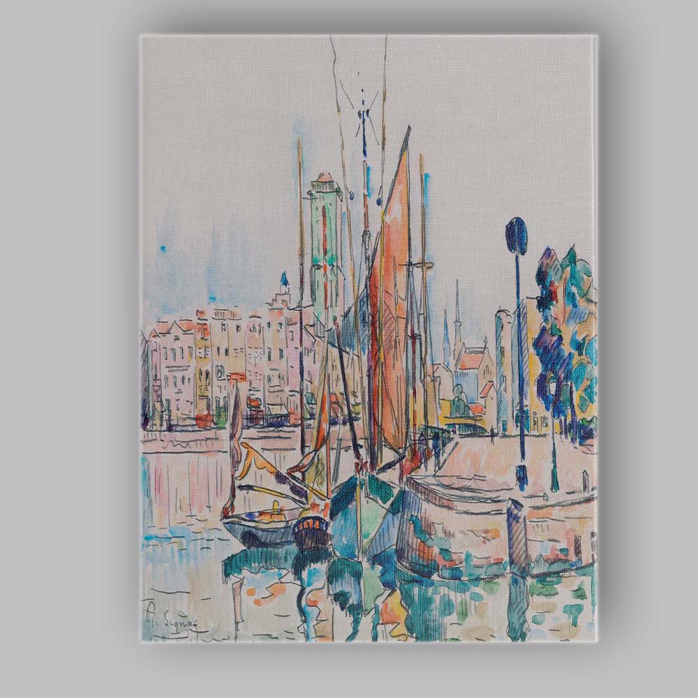 Colourful Watercolour Harbour Boats and Coastal Town Sketch Canvas Wall Art Print Decor Picture Ready to Hang