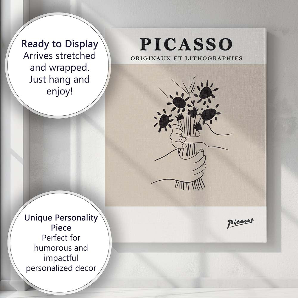 Picasso Inspired Floral Bouquet Hands Minimal Line Art Canvas Wall Art Print Decor Picture Ready to Hang