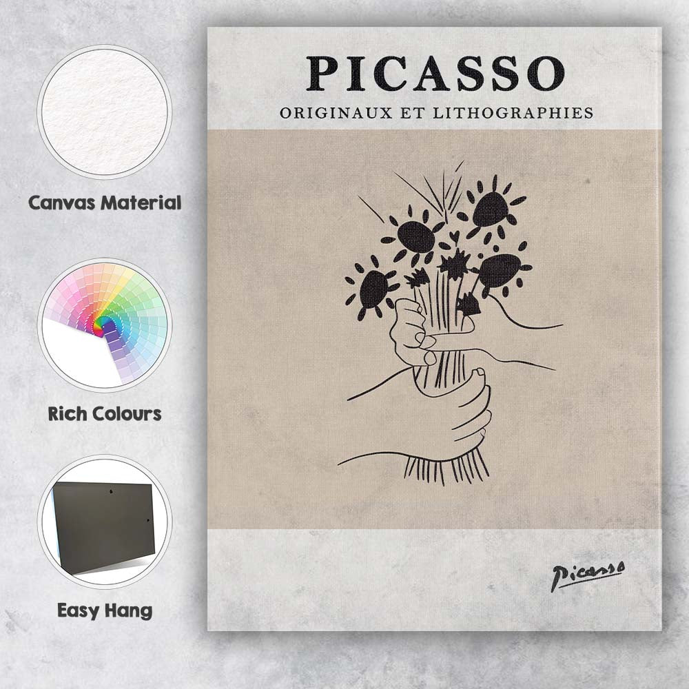 Picasso Inspired Floral Bouquet Hands Minimal Line Art Canvas Wall Art Print Decor Picture Ready to Hang