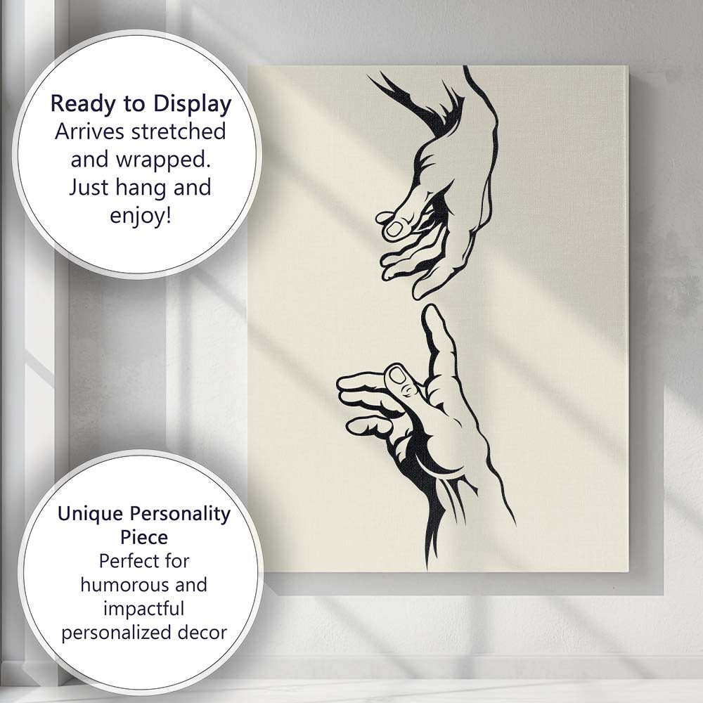 Monochrome Reaching Hands Minimalist Contemporary Line Art Canvas Wall Art Print Decor Picture Ready to Hang