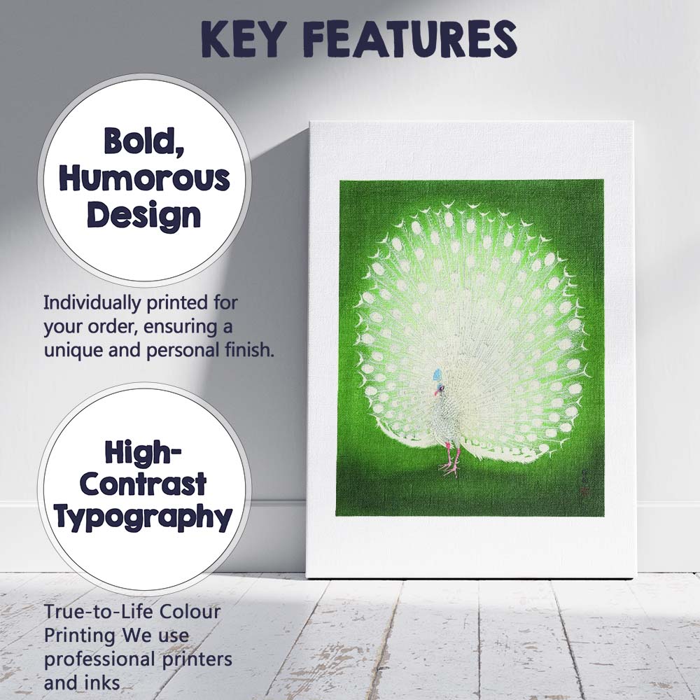 White Peacock Elegant Green Background Japanese Woodblock Canvas Wall Art Print Decor Picture Ready to Hang
