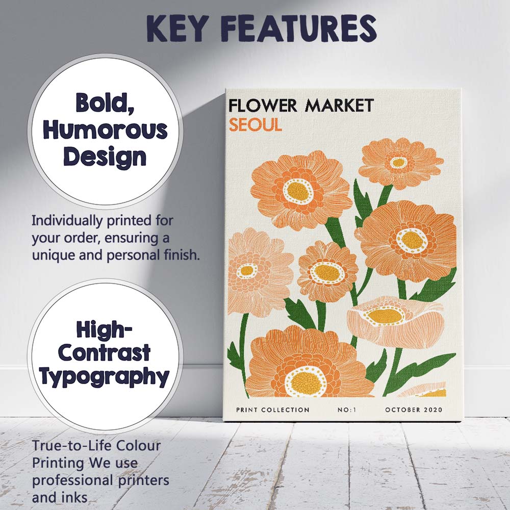 Retro Orange Floral Market Poster Scandinavian Botanical Design Canvas Wall Art Print Decor Picture Ready to Hang