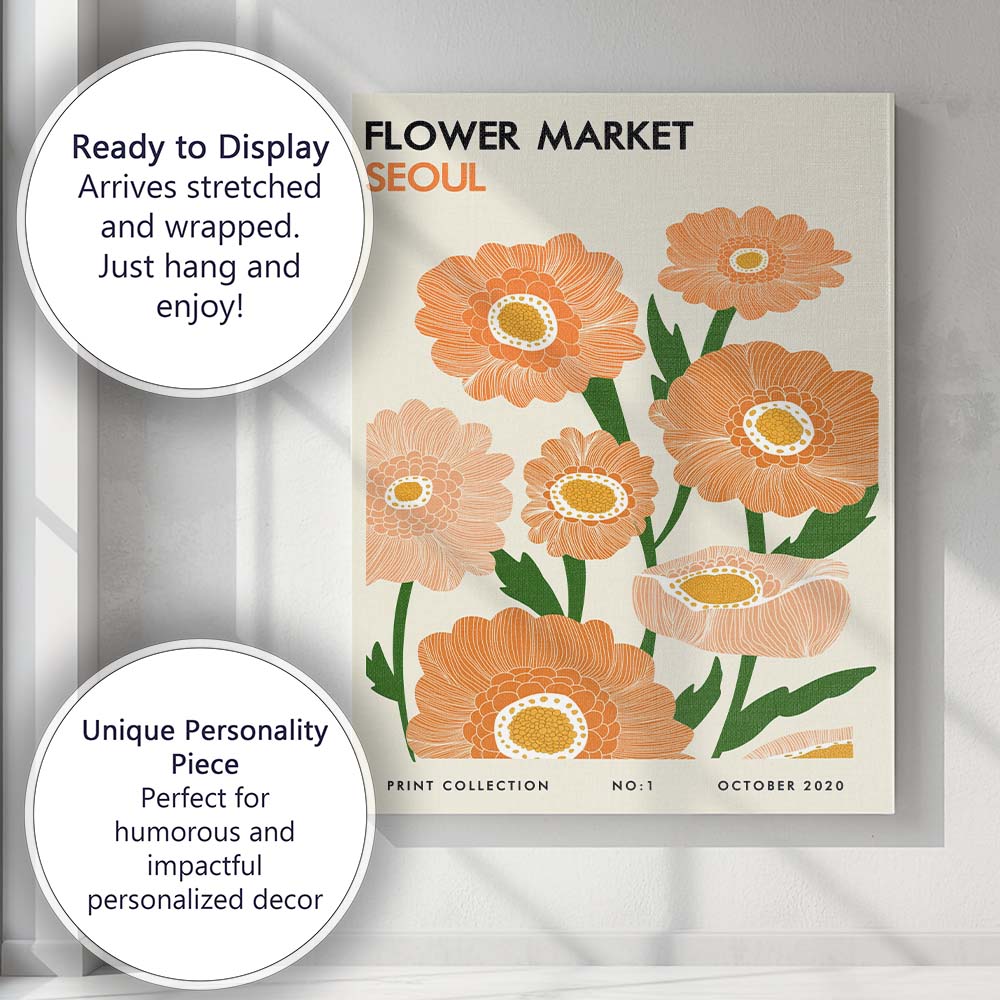 Retro Orange Floral Market Poster Scandinavian Botanical Design Canvas Wall Art Print Decor Picture Ready to Hang