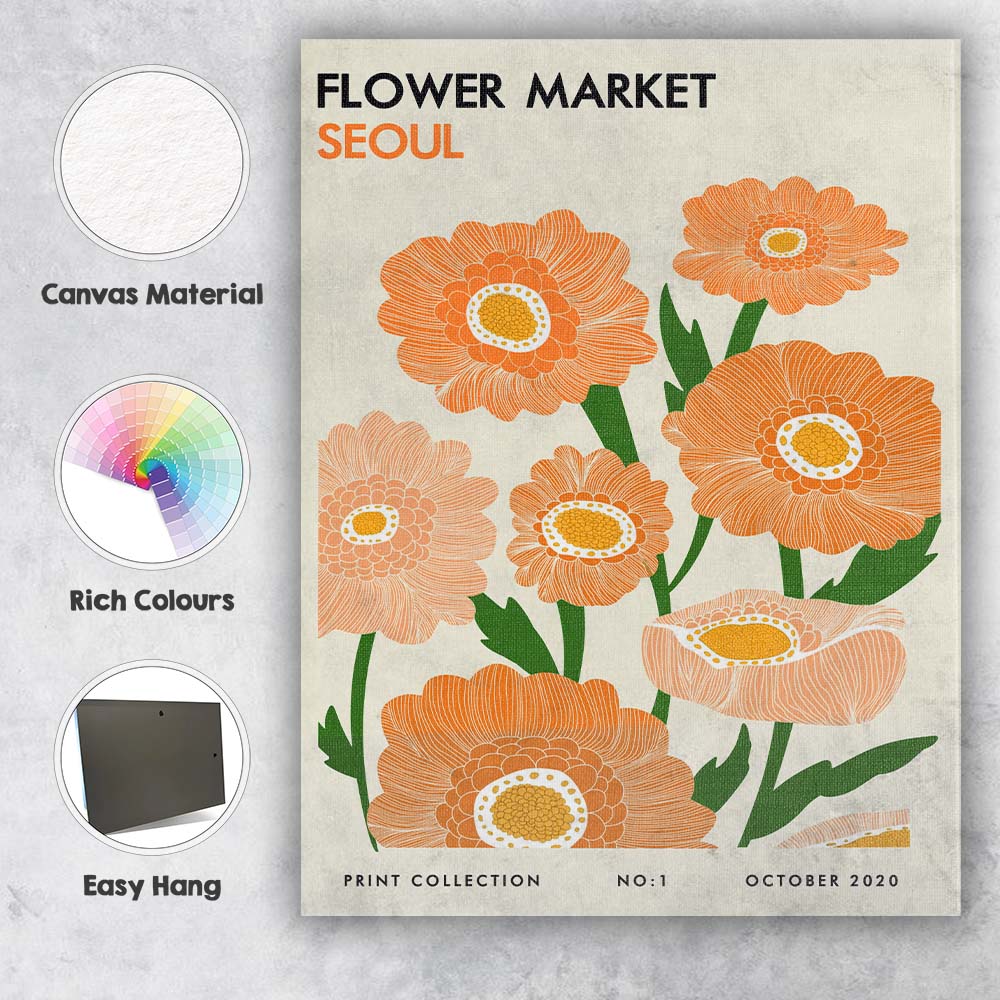 Retro Orange Floral Market Poster Scandinavian Botanical Design Canvas Wall Art Print Decor Picture Ready to Hang