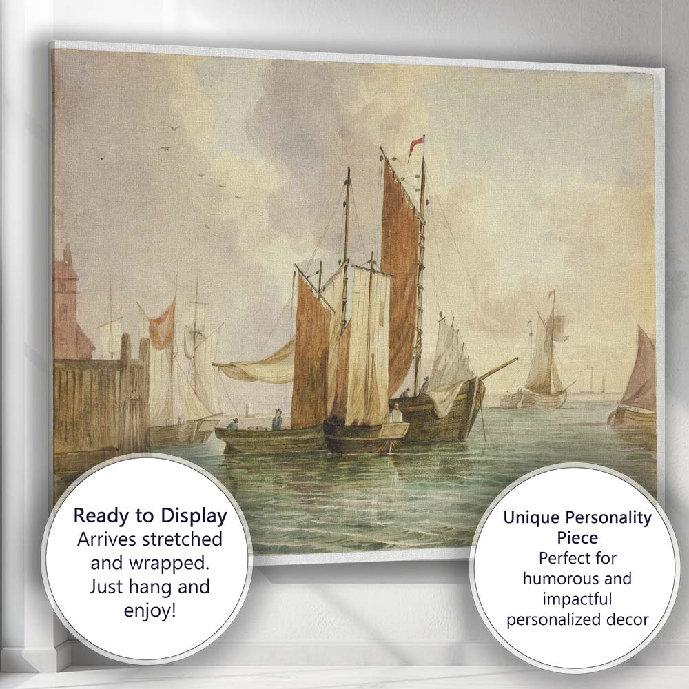 Traditional Sailing Boats Harbour Seascape Watercolour Canvas Wall Art Print Decor Picture Ready to Hang