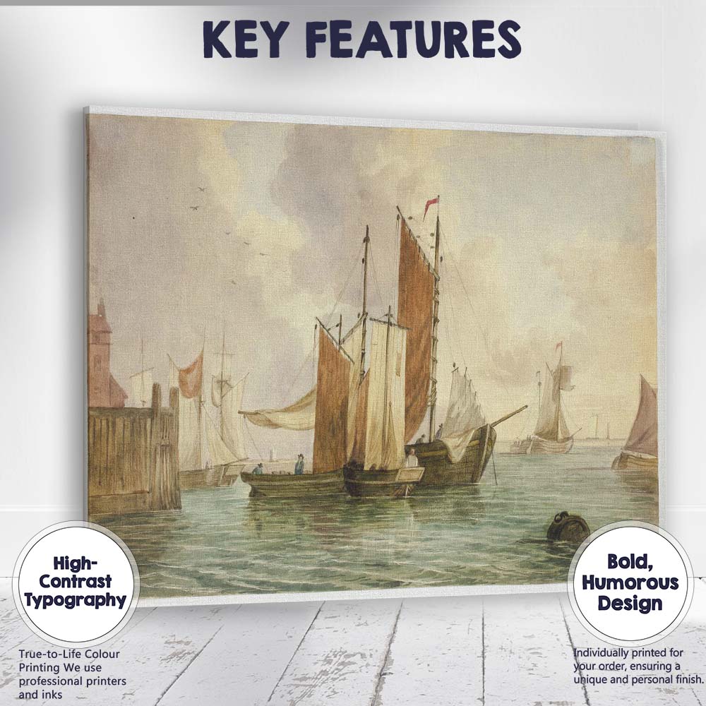 Traditional Sailing Boats Harbour Seascape Watercolour Canvas Wall Art Print Decor Picture Ready to Hang