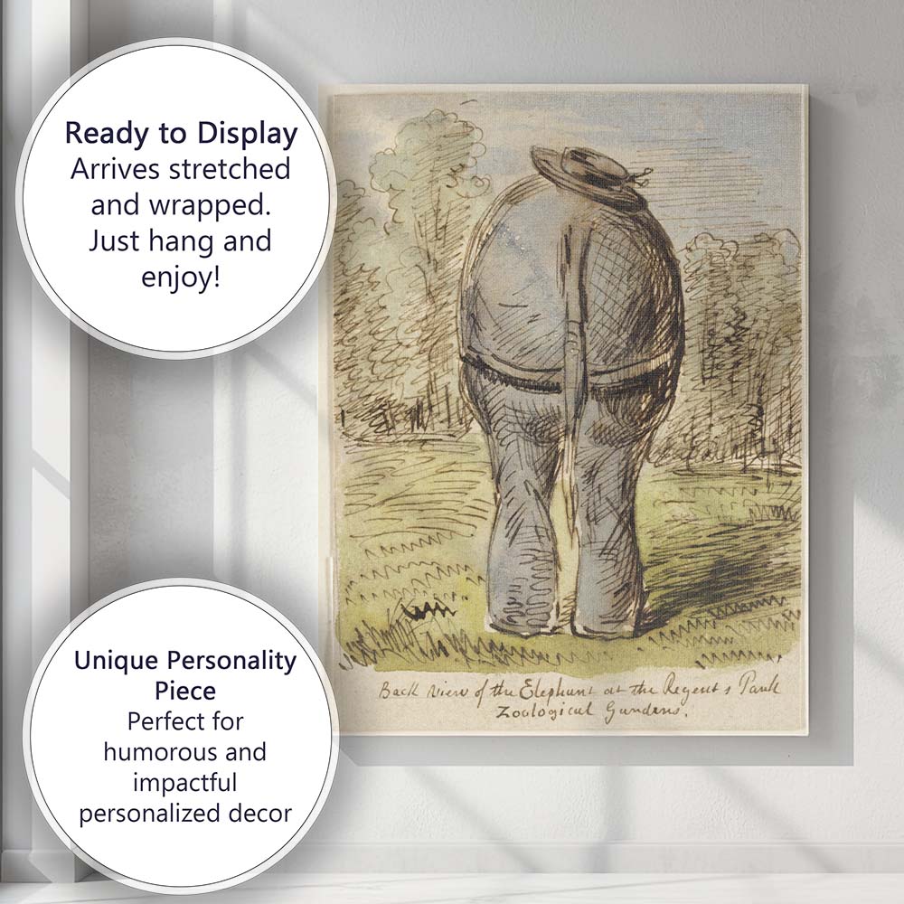 Humorous Elephant Rear View Zoo Animal Sketch Watercolour Canvas Wall Art Print Decor Picture Ready to Hang