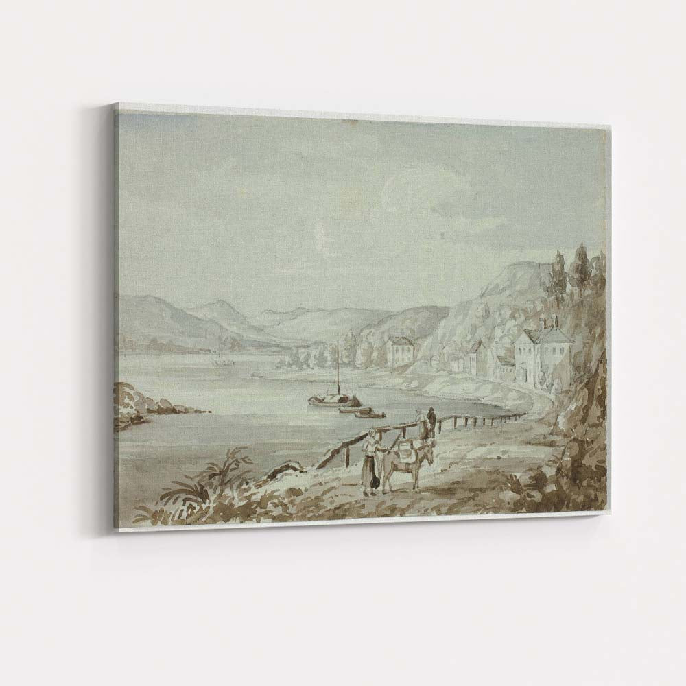 Peaceful Riverside Village Coastal Landscape Monochrome Watercolour Canvas Wall Art Print Decor Picture Ready to Hang