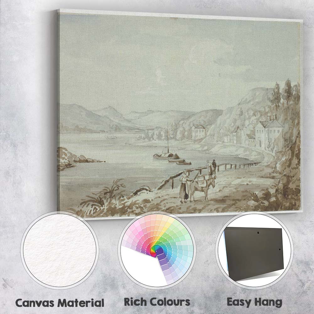Peaceful Riverside Village Coastal Landscape Monochrome Watercolour Canvas Wall Art Print Decor Picture Ready to Hang