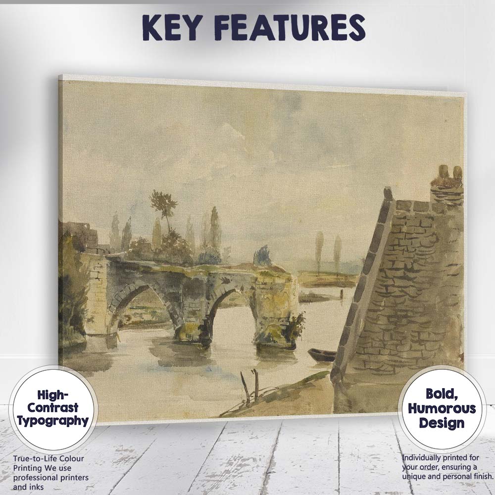 Historic Stone Bridge River Reflection Watercolour Landscape Canvas Wall Art Print Decor Picture Ready to Hang