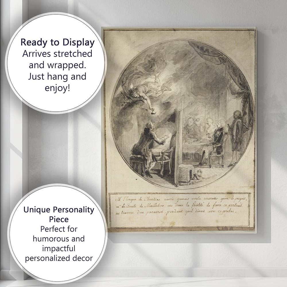 Monochrome Rococo Interior Portrait Scene Antique Illustration Canvas Wall Art Print Decor Picture Ready to Hang
