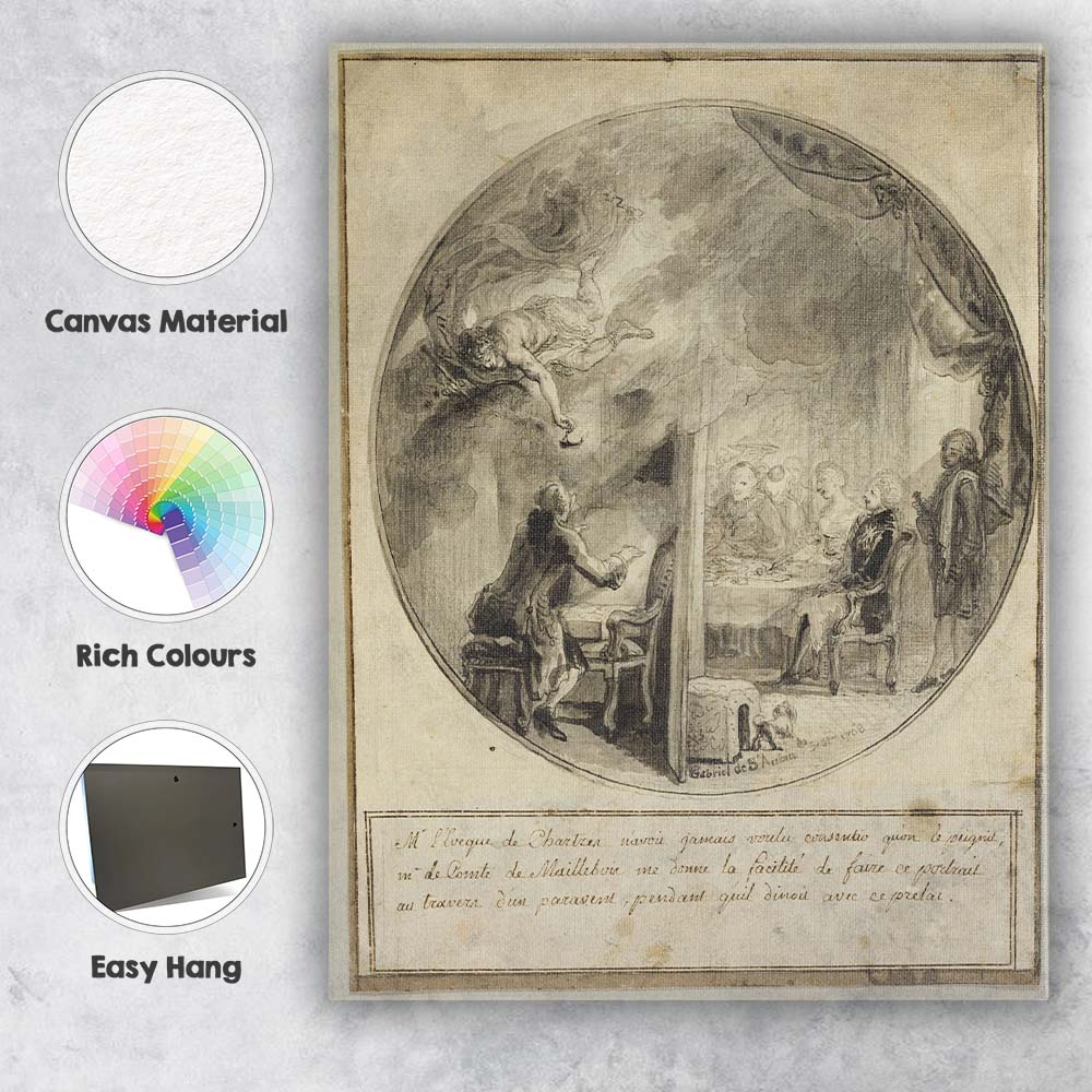 Monochrome Rococo Interior Portrait Scene Antique Illustration Canvas Wall Art Print Decor Picture Ready to Hang