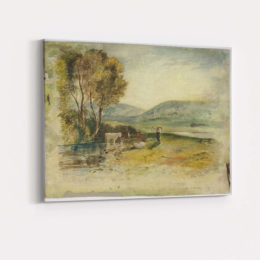 Pastoral Riverside Cattle and Figures Countryside Watercolour Canvas Wall Art Print Decor Picture Ready to Hang