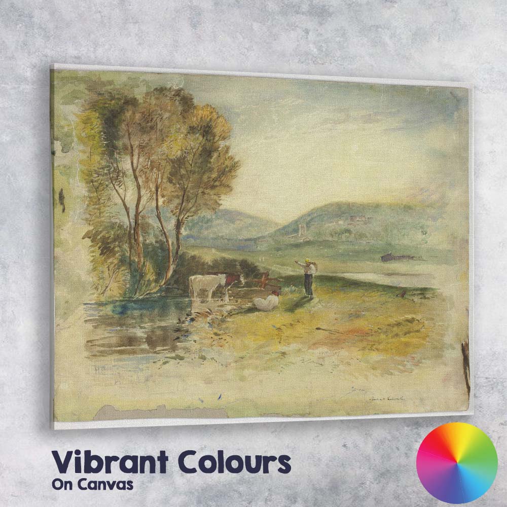 Pastoral Riverside Cattle and Figures Countryside Watercolour Canvas Wall Art Print Decor Picture Ready to Hang