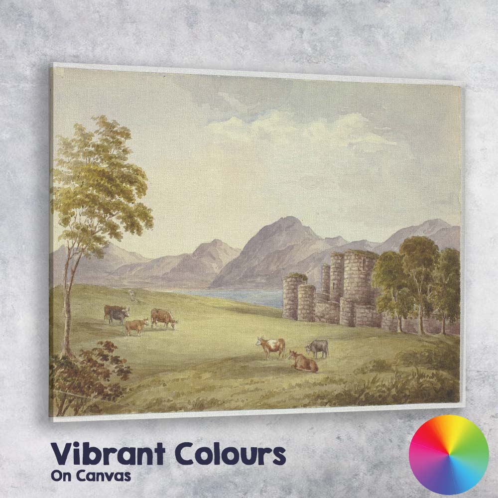 Pastoral Cattle Meadow Mountain Lake Watercolour Landscape Canvas Wall Art Print Decor Picture Ready to Hang