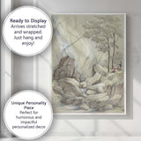 Rocky Waterfall Gorge with Figures Pencil and Watercolour Landscape Canvas Wall Art Print Decor Picture Ready to Hang