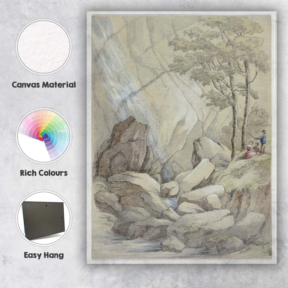 Rocky Waterfall Gorge with Figures Pencil and Watercolour Landscape Canvas Wall Art Print Decor Picture Ready to Hang
