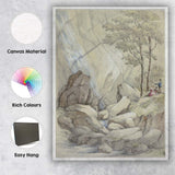 Rocky Waterfall Gorge with Figures Pencil and Watercolour Landscape Canvas Wall Art Print Decor Picture Ready to Hang