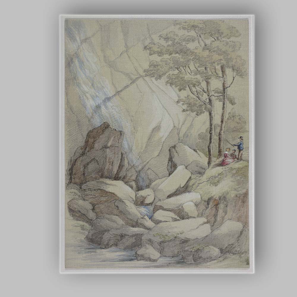 Rocky Waterfall Gorge with Figures Pencil and Watercolour Landscape Canvas Wall Art Print Decor Picture Ready to Hang