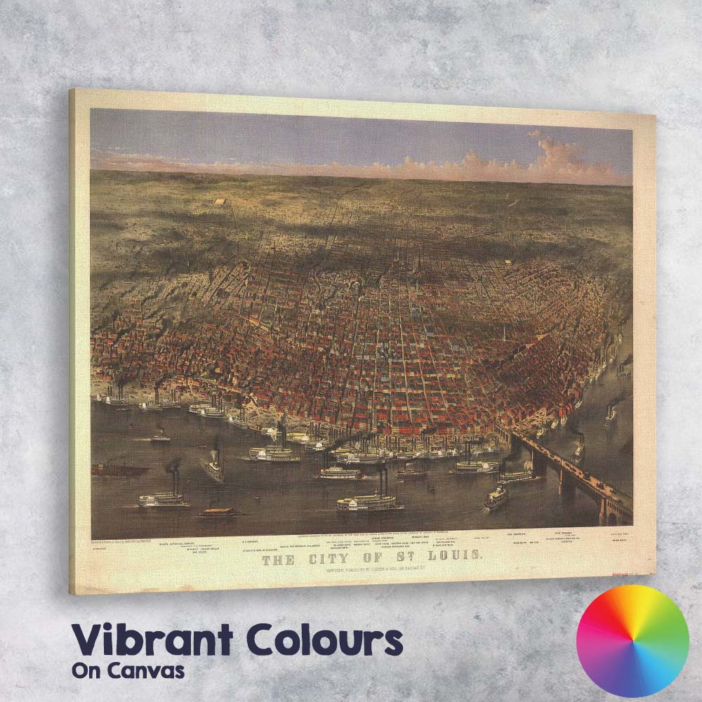 Historic St Louis Aerial Cityscape Panorama Illustration Canvas Wall Art Print Decor Picture Ready to Hang