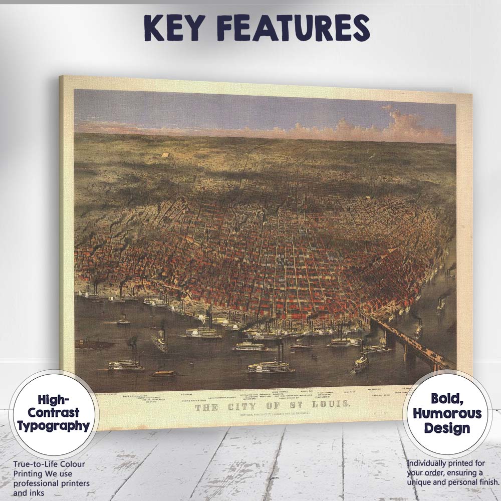 Historic St Louis Aerial Cityscape Panorama Illustration Canvas Wall Art Print Decor Picture Ready to Hang