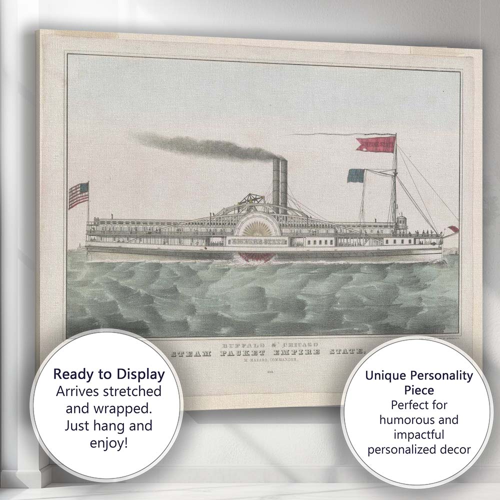 Buffalo Chicago Steam Packet Empire State Historic Paddle Steamer Maritime Illustration Canvas Wall Art Print Decor Picture Ready to Hang