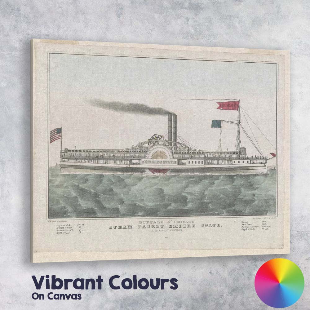 Buffalo Chicago Steam Packet Empire State Historic Paddle Steamer Maritime Illustration Canvas Wall Art Print Decor Picture Ready to Hang