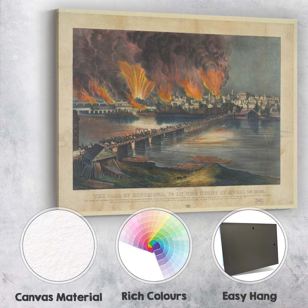 Fall of Richmond Virginia Civil War City Fire Historic Battle Scene Canvas Wall Art Print Decor Picture Ready to Hang