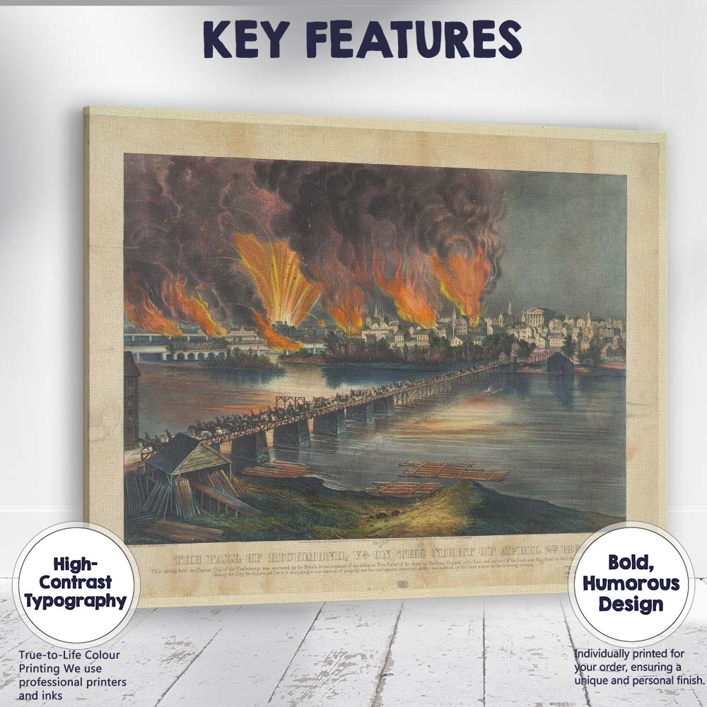 Fall of Richmond Virginia Civil War City Fire Historic Battle Scene Canvas Wall Art Print Decor Picture Ready to Hang