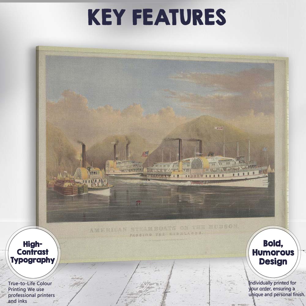 American Steamboats on the Hudson River Historic Maritime Landscape Canvas Wall Art Print Decor Picture Ready to Hang