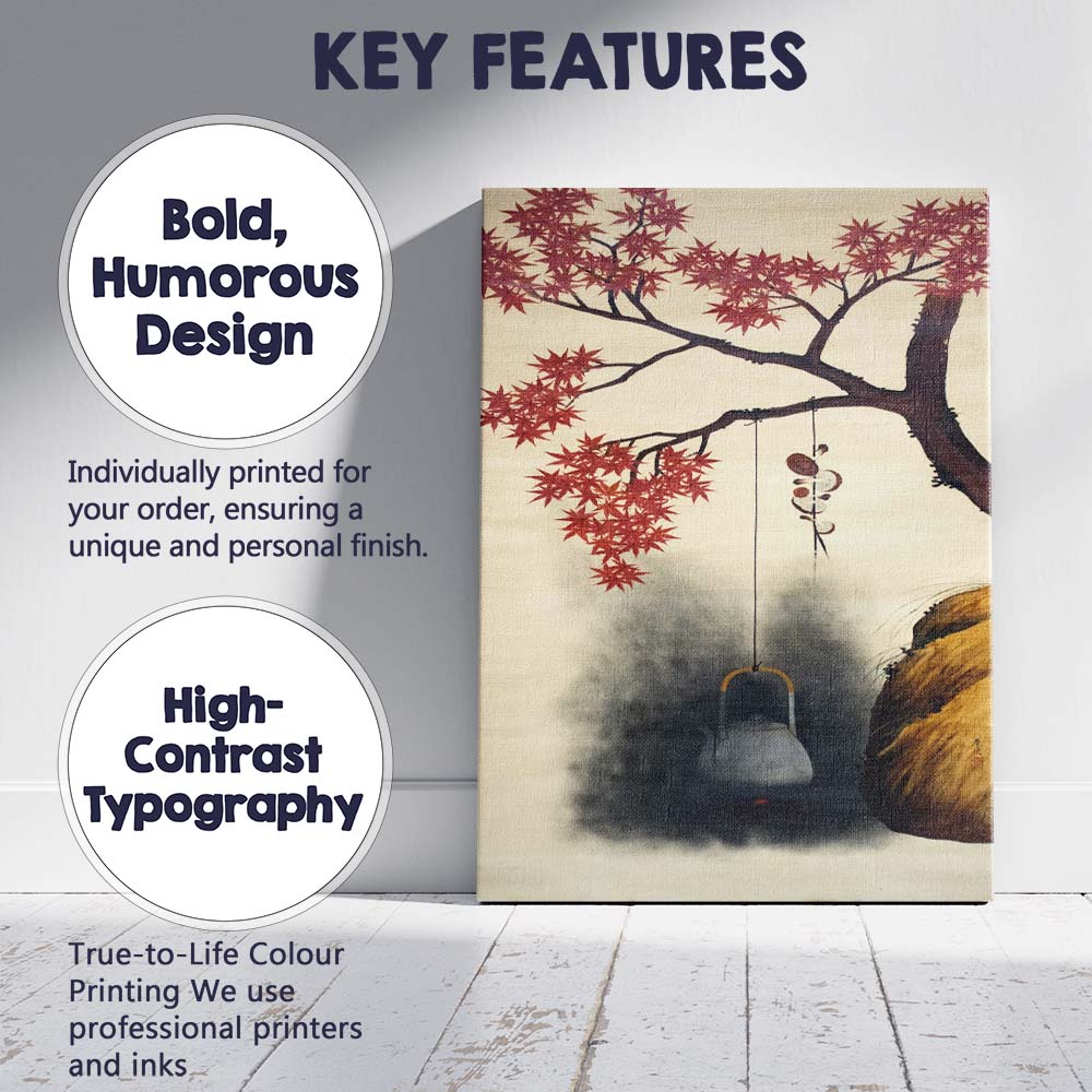 Japanese Autumn Maple Leaves Tea Kettle Oriental Watercolour Canvas Wall Art Print Decor Picture Ready to Hang