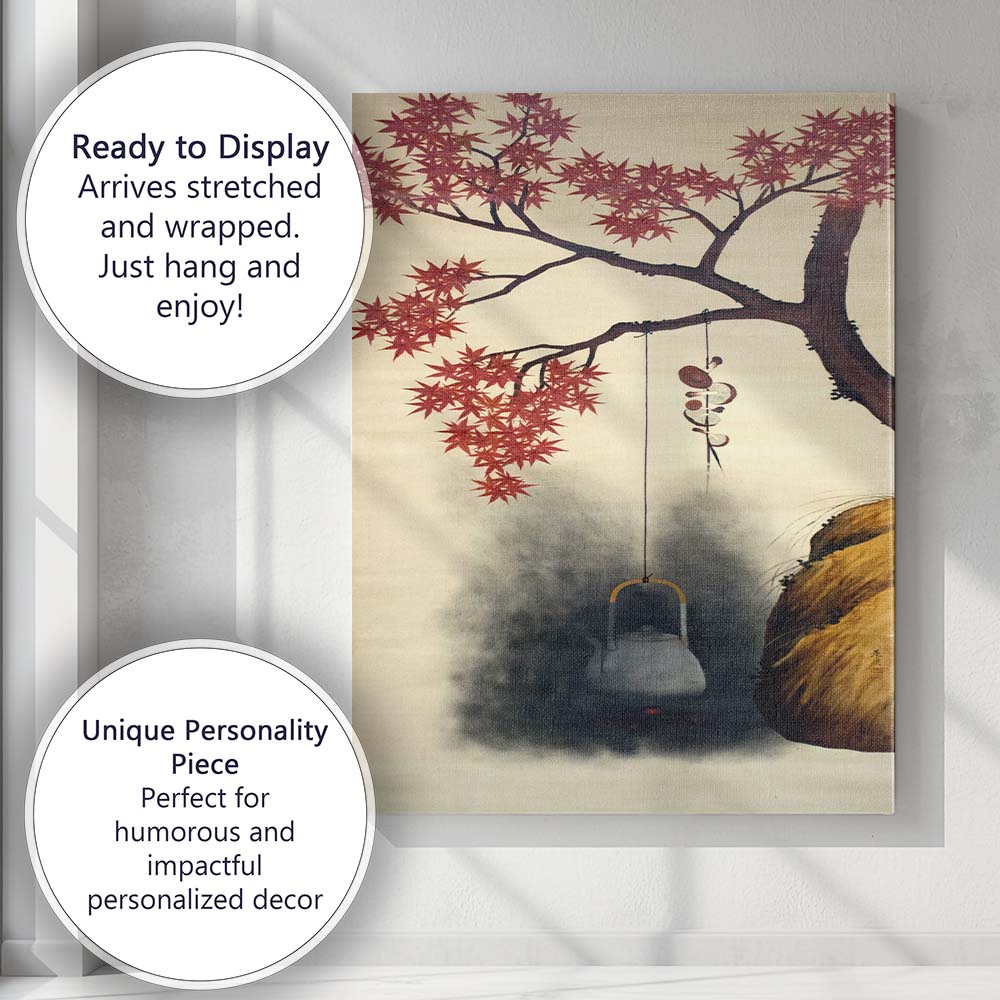 Japanese Autumn Maple Leaves Tea Kettle Oriental Watercolour Canvas Wall Art Print Decor Picture Ready to Hang