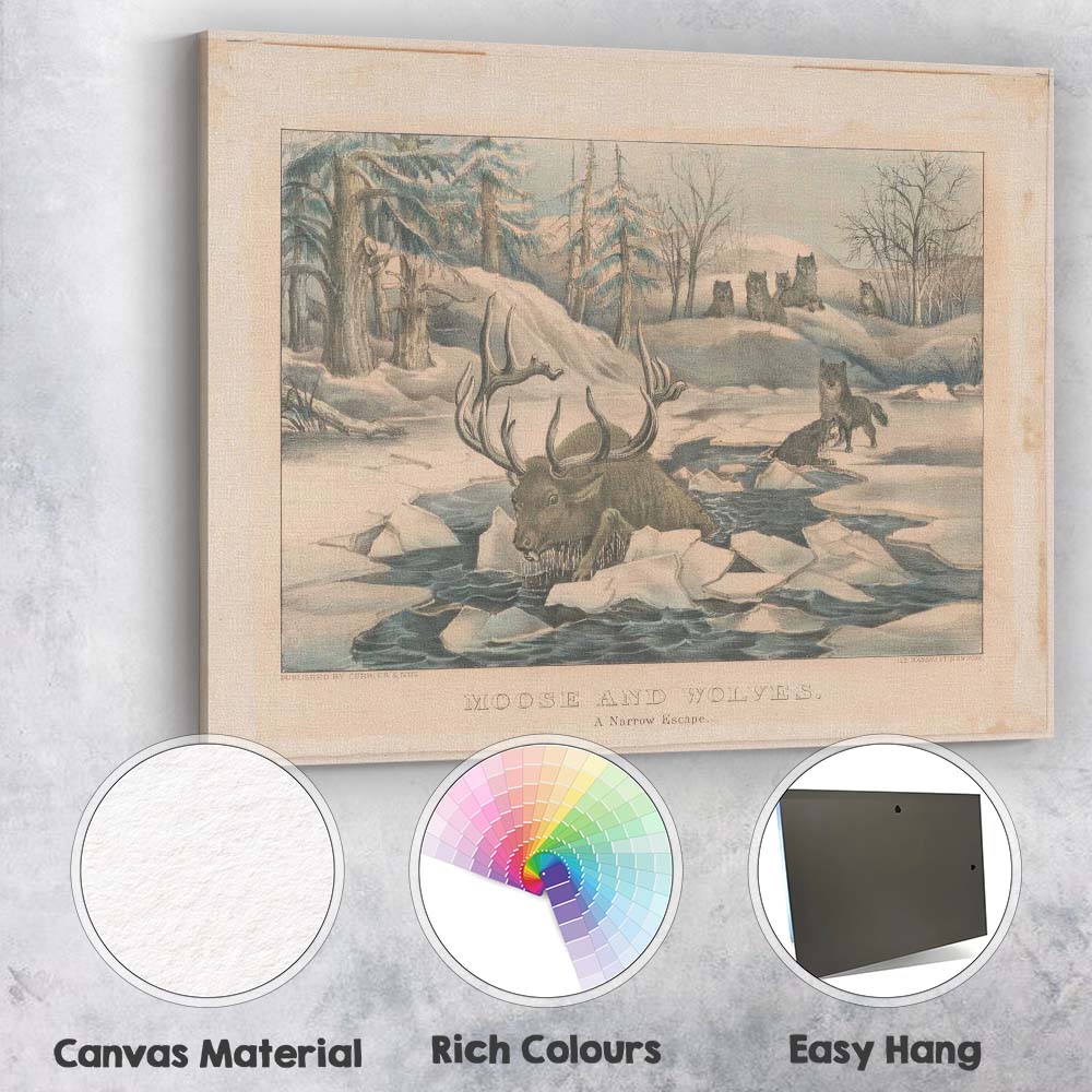Moose and Wolves Winter Wilderness Wildlife Illustration Canvas Wall Art Print Decor Picture Ready to Hang