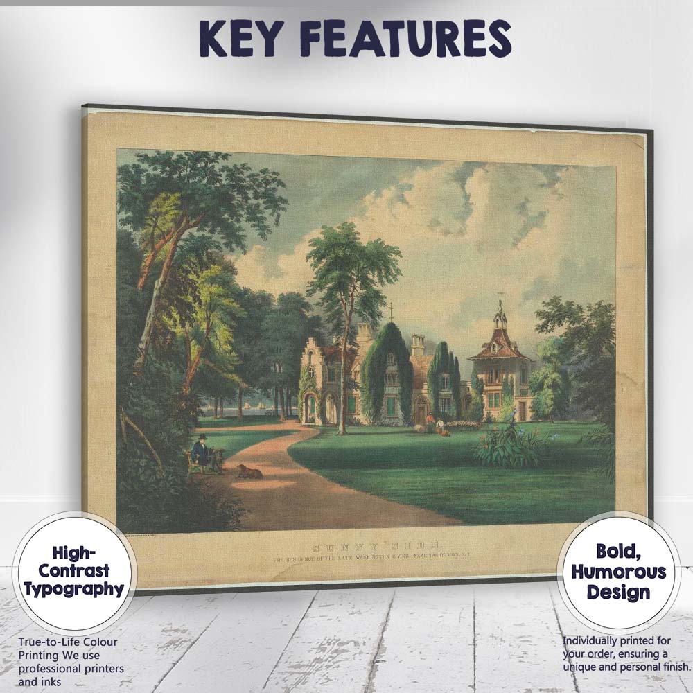 Historic Sunny Side Estate Garden Landscape Architectural Lithograph Canvas Wall Art Print Decor Picture Ready to Hang