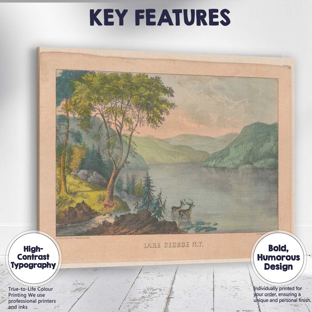 Scenic Lake George Mountain Water Landscape Antique Nature Print Canvas Wall Art Print Decor Picture Ready to Hang
