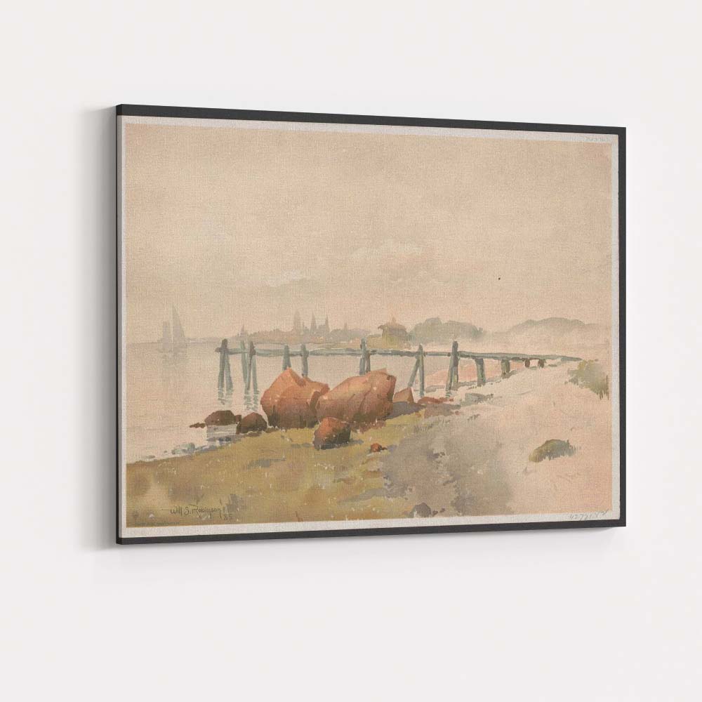 Misty Coastal Shoreline With Jetty Watercolour Seascape Landscape Canvas Wall Art Print Decor Picture Ready to Hang