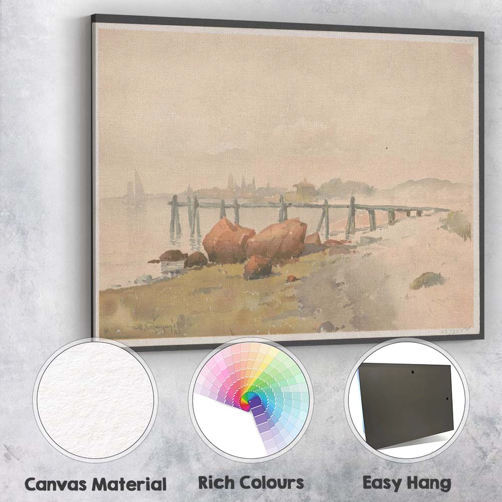 Misty Coastal Shoreline With Jetty Watercolour Seascape Landscape Canvas Wall Art Print Decor Picture Ready to Hang