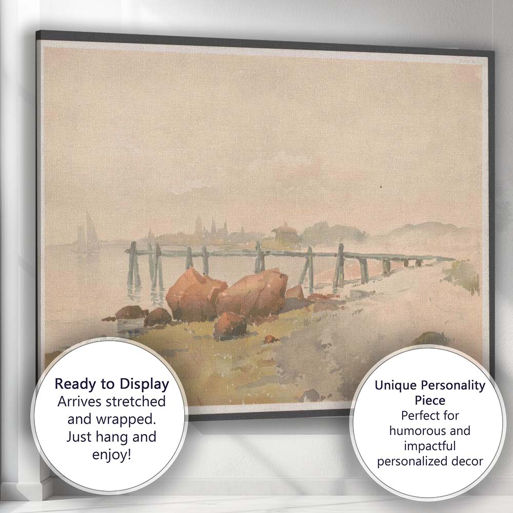 Misty Coastal Shoreline With Jetty Watercolour Seascape Landscape Canvas Wall Art Print Decor Picture Ready to Hang
