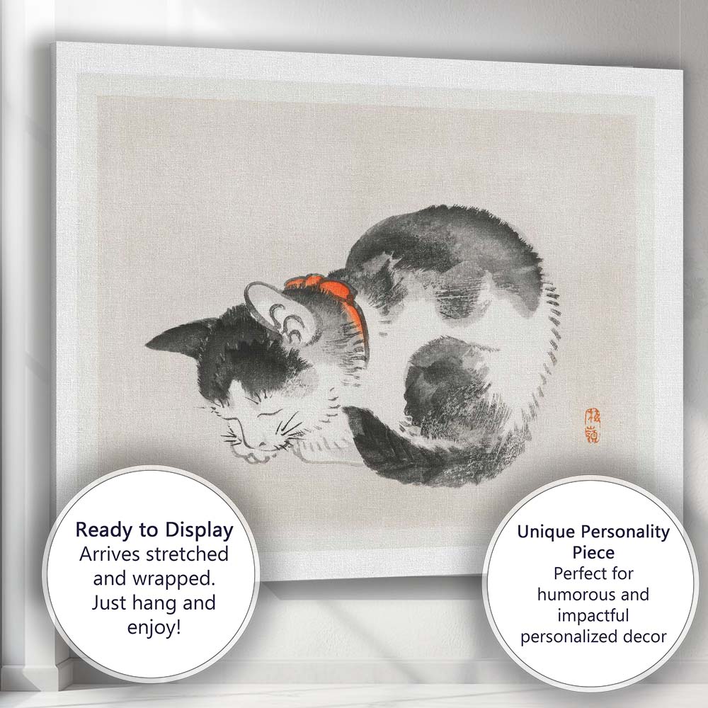 Minimalist Sleeping Cat Japanese Ink Wash Painting Canvas Wall Art Print Decor Picture Ready to Hang