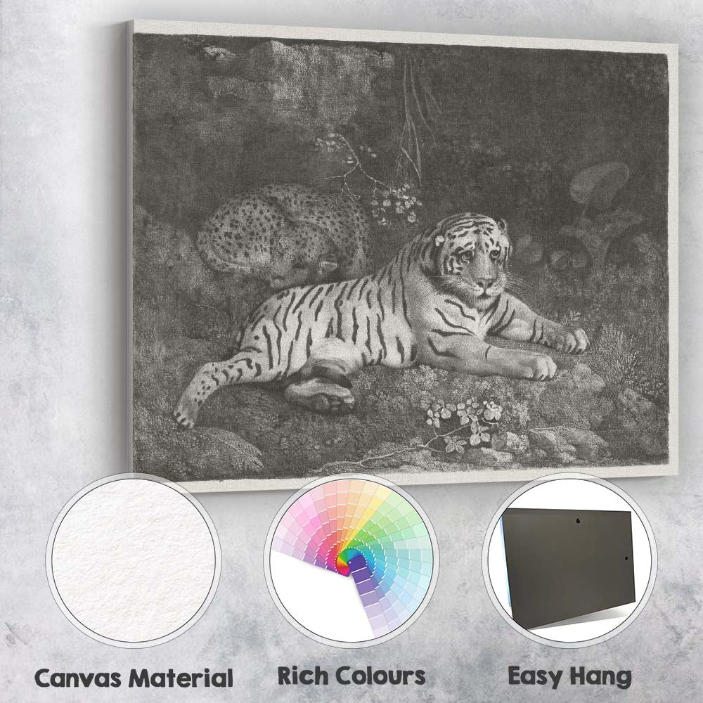 White Tiger And Leopard Jungle Wildlife Monochrome Illustration Canvas Wall Art Print Decor Picture Ready to Hang