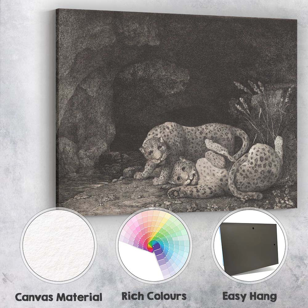 Pair Of Leopards Resting By Cave Antique Wildlife Engraving Canvas Wall Art Print Decor Picture Ready to Hang