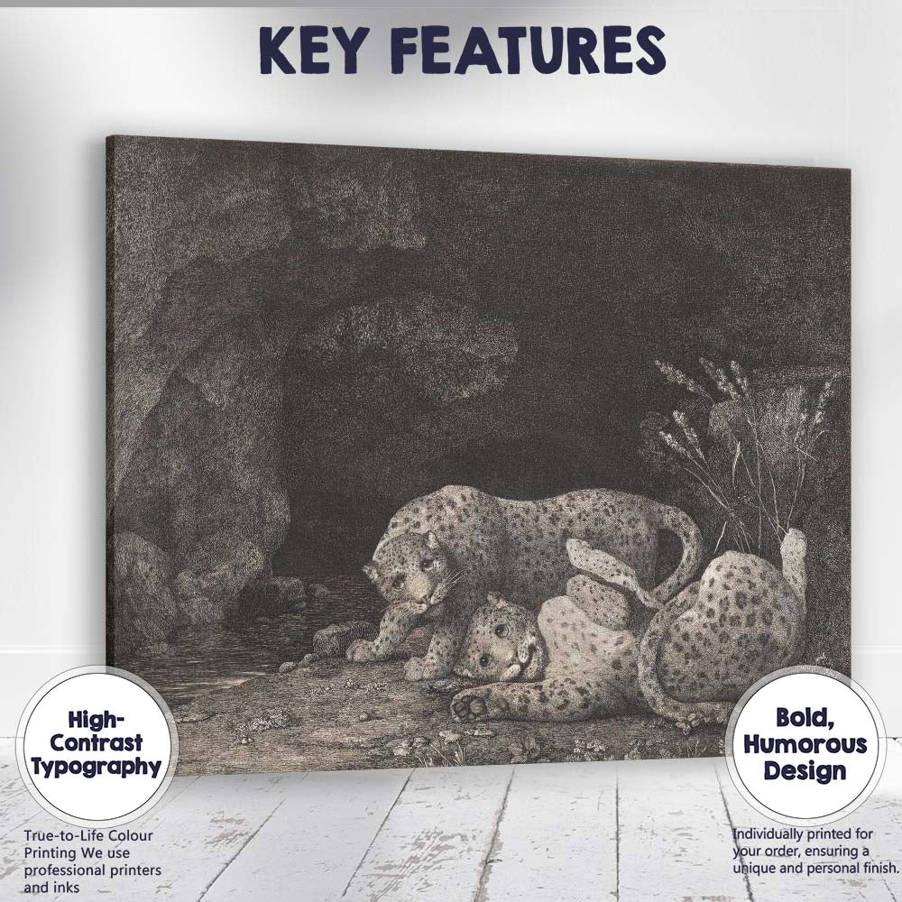 Pair Of Leopards Resting By Cave Antique Wildlife Engraving Canvas Wall Art Print Decor Picture Ready to Hang