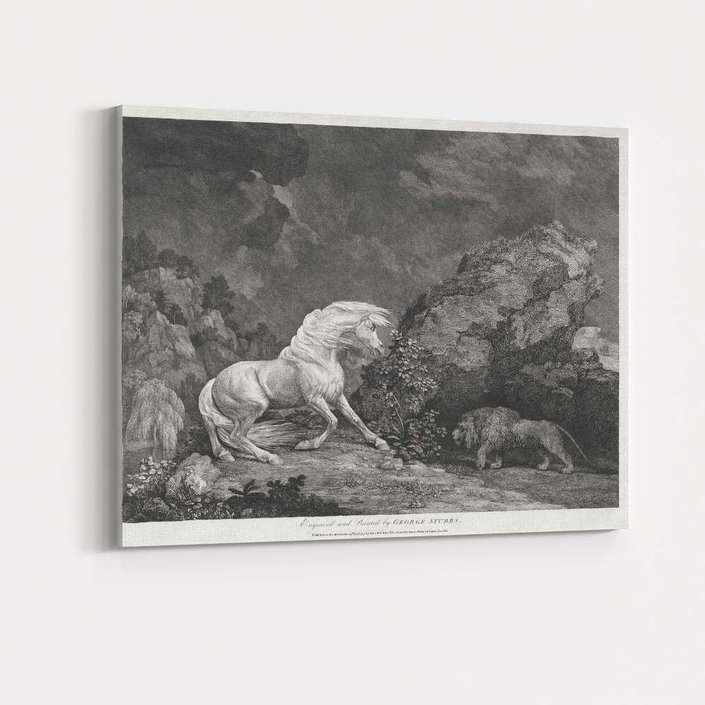 Rearing White Horse Confronting Lion Dramatic Antique Engraving Canvas Wall Art Print Decor Picture Ready to Hang